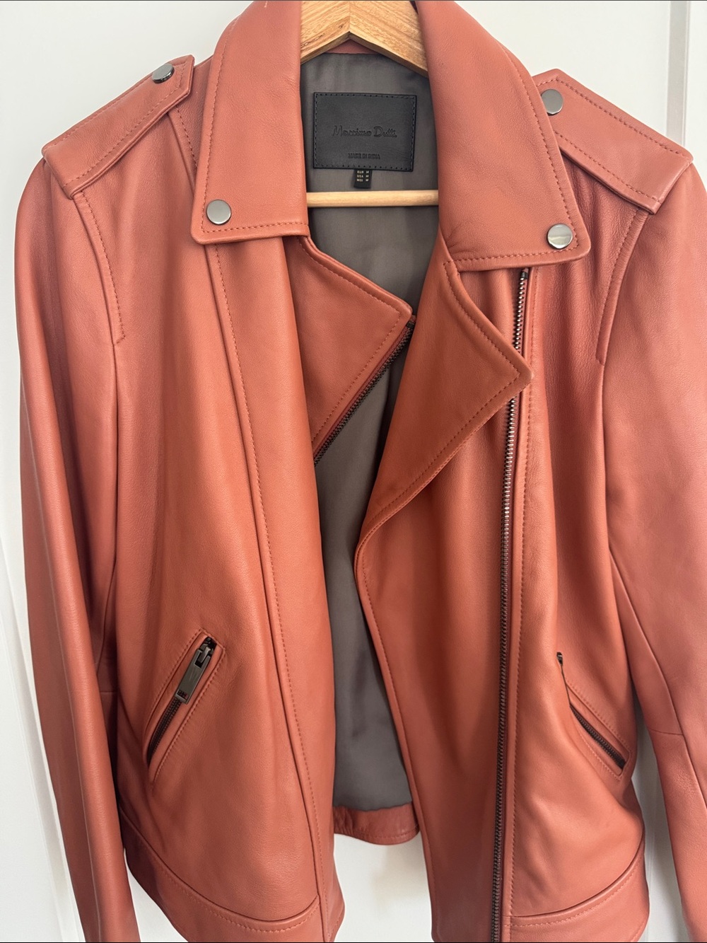 Massimo Dutti Women's Leather Moto Jacket - Rust